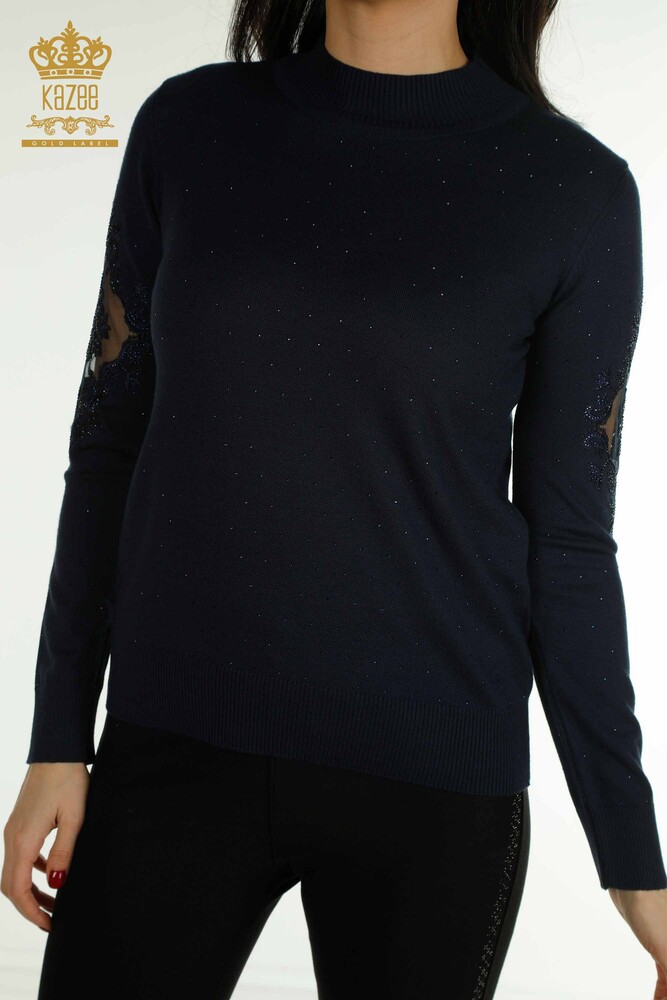 Wholesale Women's Knitwear Sweater Embroidered Navy Blue - 30892 | KAZEE - 2