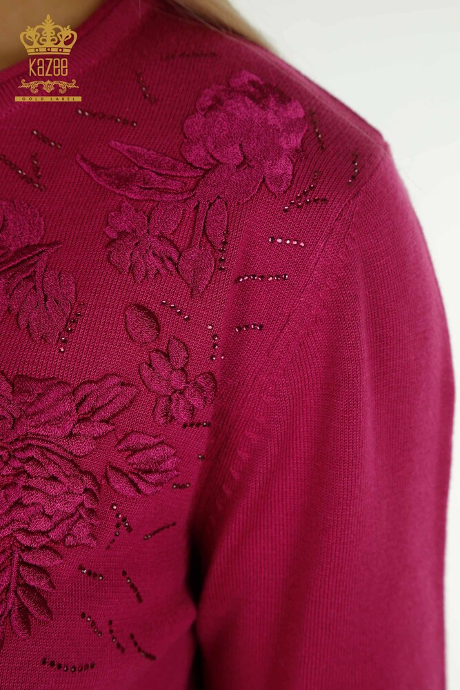 Wholesale Women's Knitwear Sweater Floral Embroidered Fuchsia - 16849 | KAZEE - 5