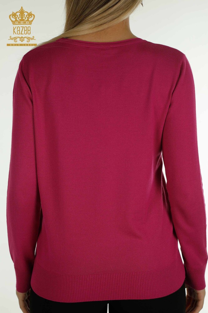 Wholesale Women's Knitwear Sweater Floral Embroidered Fuchsia - 16849 | KAZEE - 8