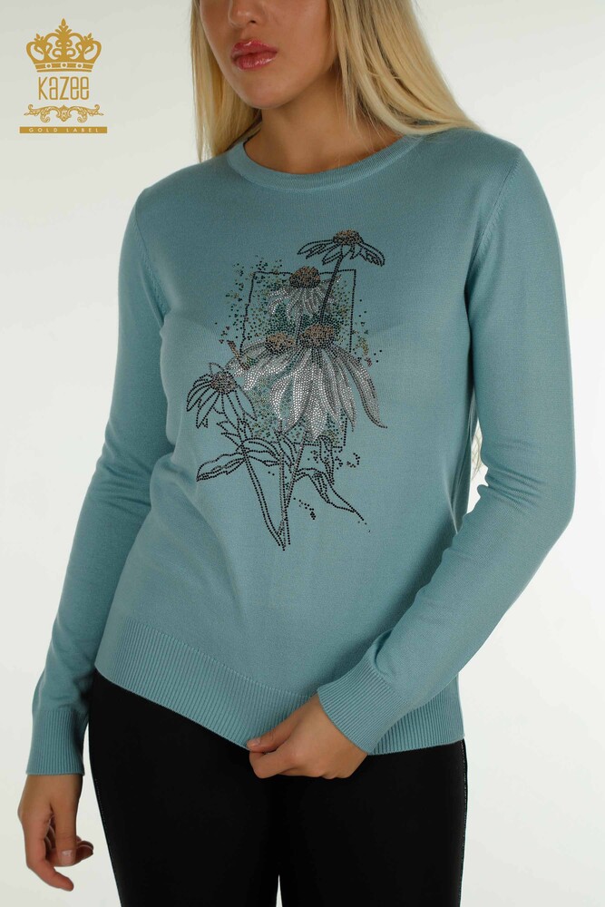 Wholesale Women's Knitwear Sweater Floral Embroidered Mint - 30612 | KAZEE - 2