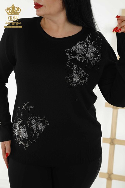 Wholesale Women's Knitwear - Floral Pattern - Black - 30152 | KAZEE - 2