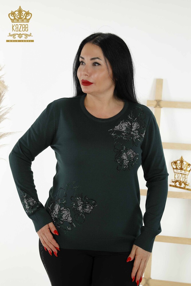 Wholesale Women's Knitwear Sweater - Floral Pattern - Dark Green - 30152 | KAZEE - 1