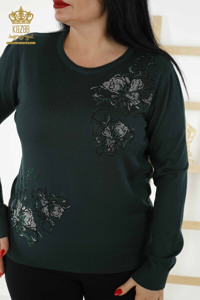 Wholesale Women's Knitwear Sweater - Floral Pattern - Dark Green - 30152 | KAZEE - 2