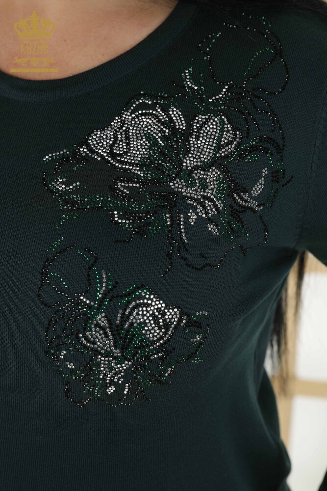 Wholesale Women's Knitwear Sweater - Floral Pattern - Dark Green - 30152 | KAZEE - 3