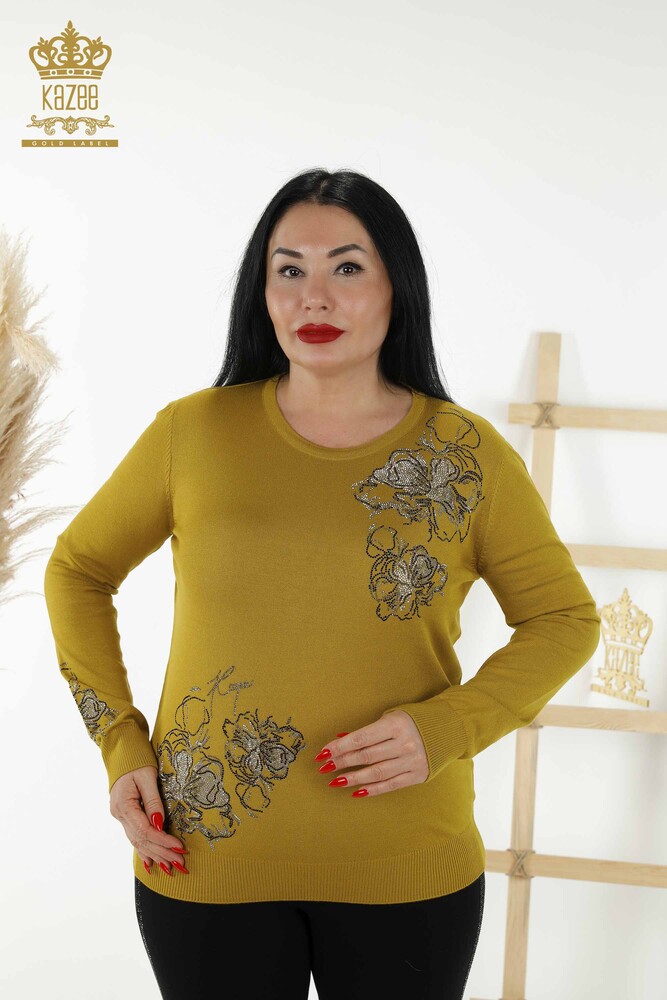 Wholesale Women's Knitwear Sweater - Floral Pattern - Saffron - 30152 | KAZEE - 1