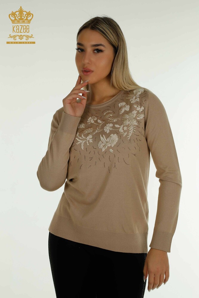 Wholesale Women's Knitwear Sweater Flower Embroidered Beige - 16849 | KAZEE - 1