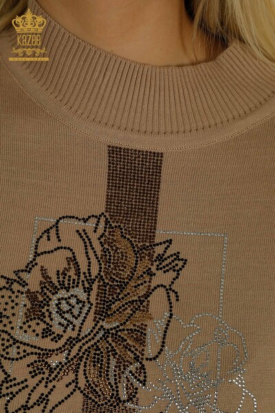 Wholesale Women's Knitwear Sweater Flower Embroidered Beige - 30614 | KAZEE - 4