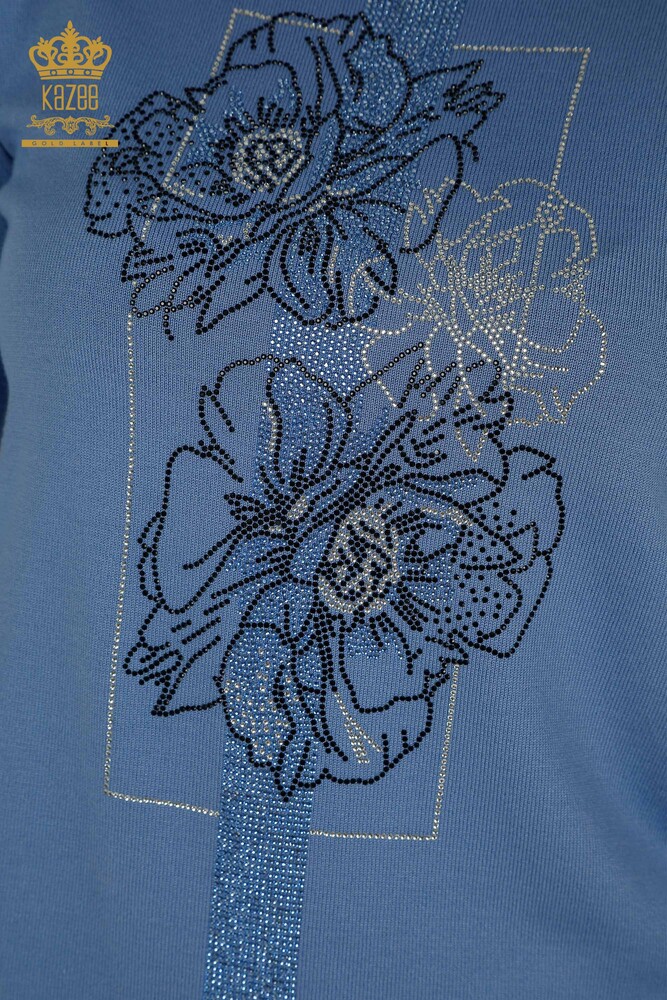 Wholesale Women's Knitwear Sweater Blue with Flower Embroidery - 30614 | KAZEE - 3