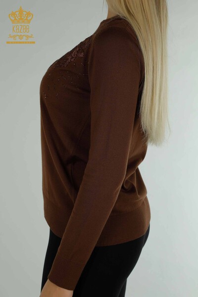 Wholesale Women's Knitwear Sweater Flower Embroidered Brown - 16849 | KAZEE - 6