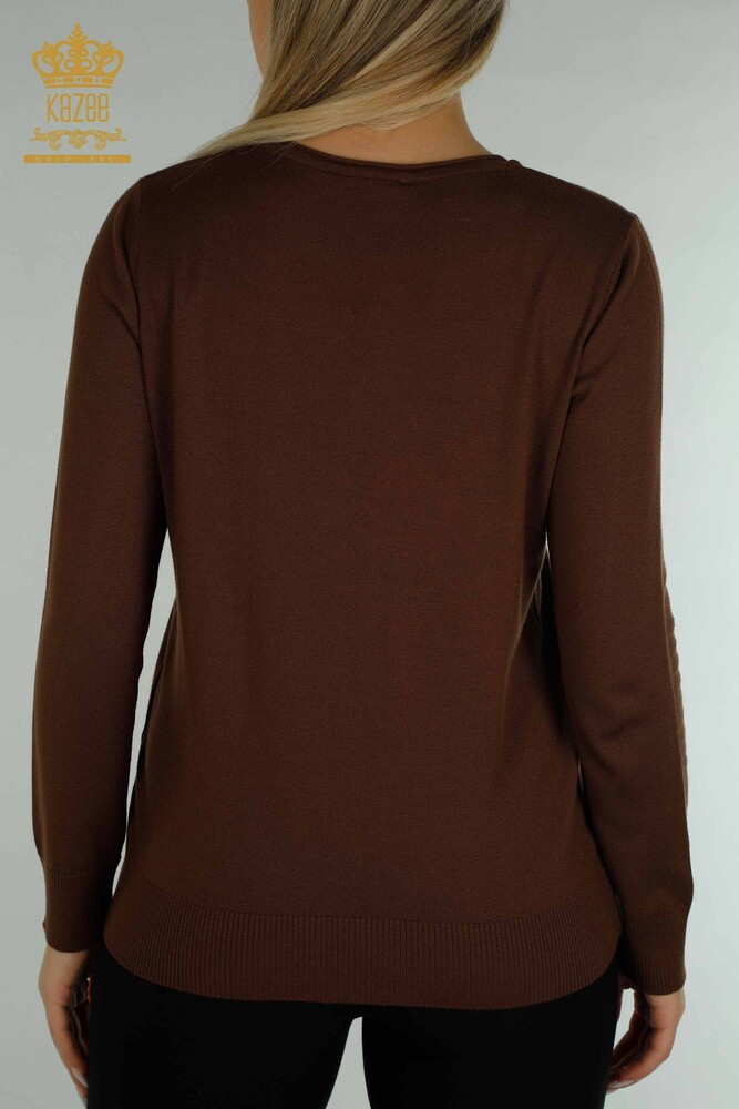 Wholesale Women's Knitwear Sweater Flower Embroidered Brown - 16849 | KAZEE - 8