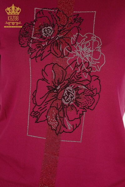 Wholesale Women's Knitwear Sweater Floral Embroidered Fuchsia - 30614 | KAZEE - 3