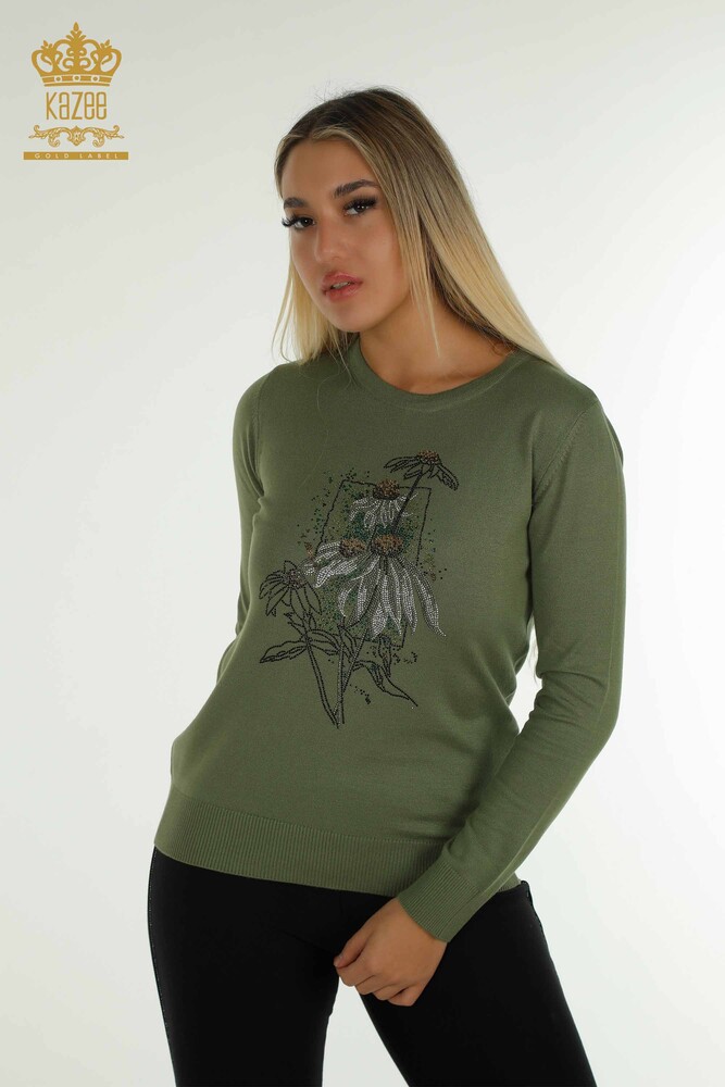 Wholesale Women's Knitwear Sweater Flower Embroidered Khaki - 30612 | KAZEE - 1