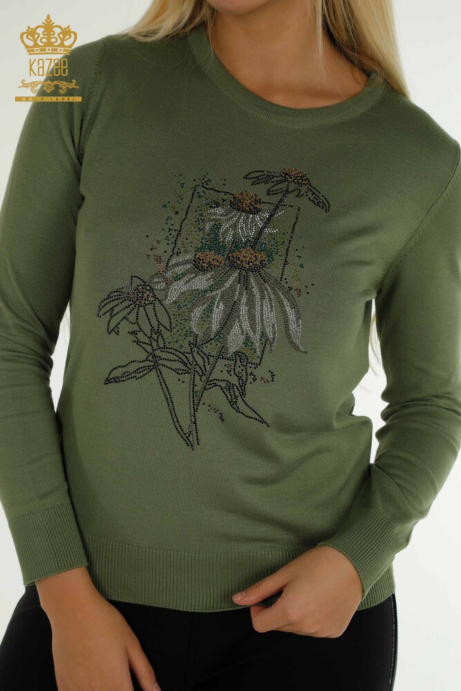 Wholesale Women's Knitwear Sweater Flower Embroidered Khaki - 30612 | KAZEE - 2