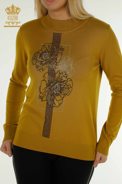 Wholesale Women's Knitwear Sweater Floral Embroidered Mustard - 30614 | KAZEE - 2