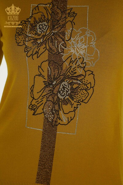 Wholesale Women's Knitwear Sweater Floral Embroidered Mustard - 30614 | KAZEE - 3