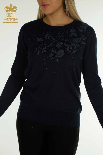 Wholesale Women's Knitwear Sweater Floral Embroidered Navy Blue - 16849 | KAZEE - 2