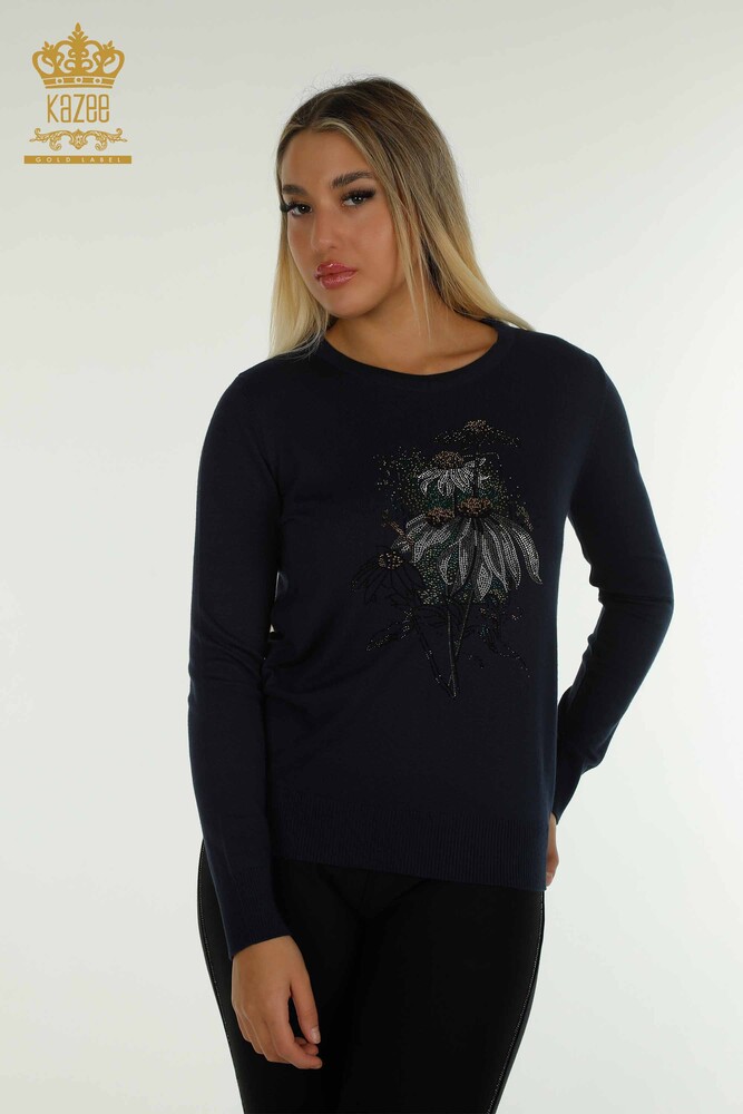 Wholesale Women's Knitwear Sweater Floral Embroidered Navy Blue - 30612 | KAZEE - 1