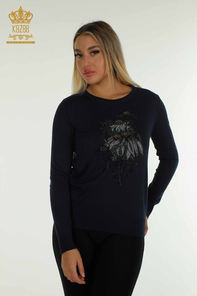 Wholesale Women's Knitwear Sweater Floral Embroidered Navy Blue - 30612 | KAZEE - Kazee