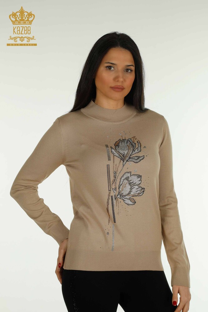 Wholesale Women's Knitwear Sweater Flower Patterned Beige - 30656 | KAZEE - 1