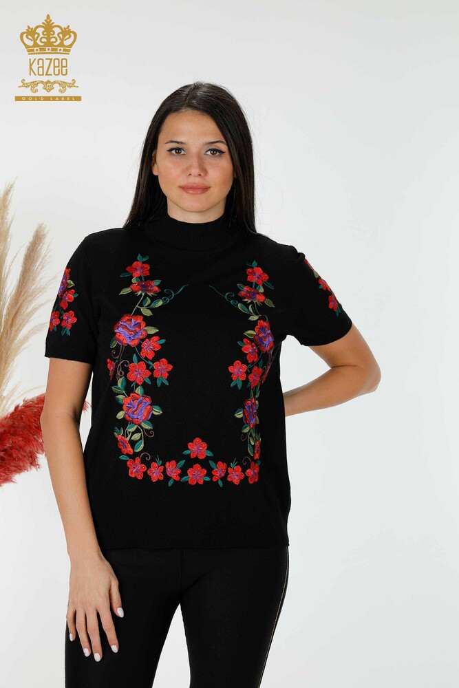 Wholesale Women's Knitwear Sweater Floral Pattern Black - 15876 | KAZEE - 1