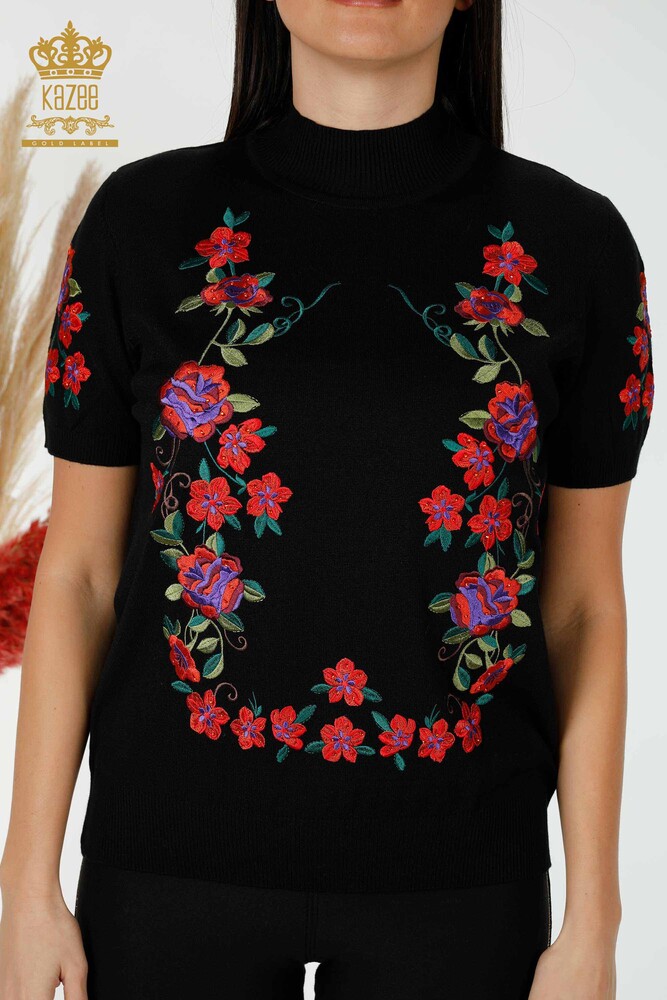 Wholesale Women's Knitwear Sweater Floral Pattern Black - 15876 | KAZEE - 2