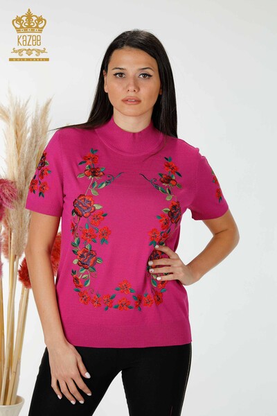 Wholesale Women's Knitwear Sweater Floral Patterned Fuchsia - 15876 | KAZEE - 1