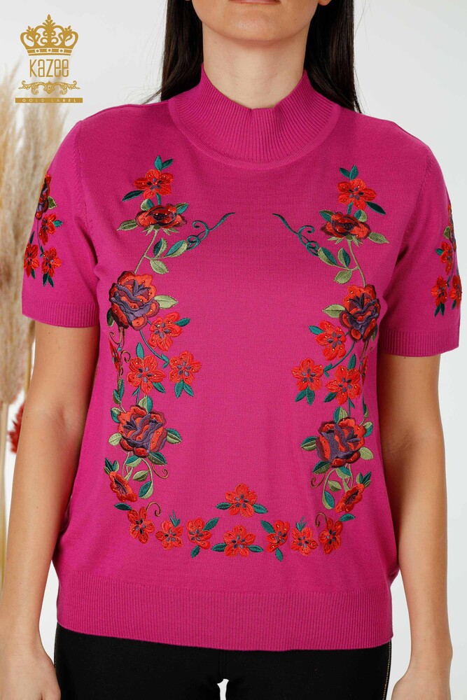 Wholesale Women's Knitwear Sweater Floral Patterned Fuchsia - 15876 | KAZEE - 2