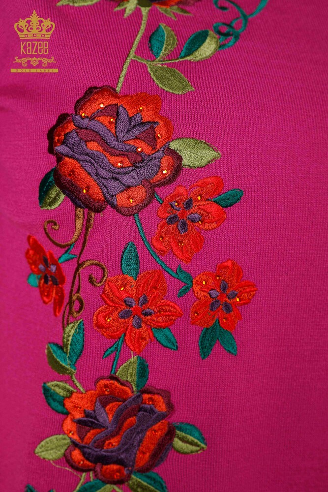 Wholesale Women's Knitwear Sweater Floral Patterned Fuchsia - 15876 | KAZEE - 4