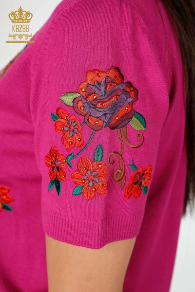 Wholesale Women's Knitwear Sweater Floral Patterned Fuchsia - 15876 | KAZEE - 7