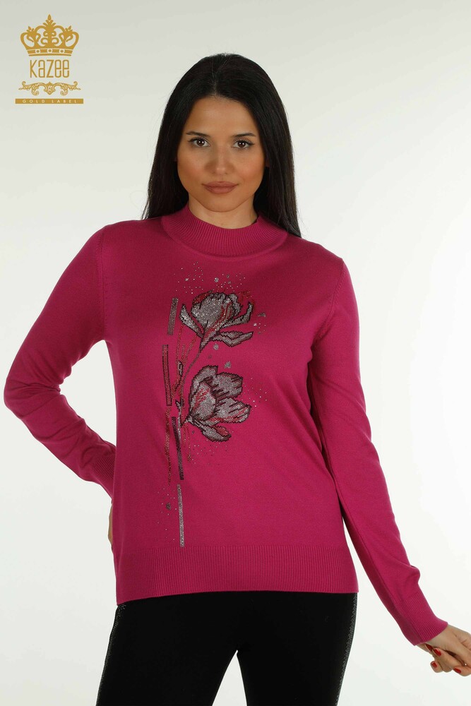 Wholesale Women's Knitwear Sweater Floral Patterned Fuchsia - 30656 | KAZEE - 1