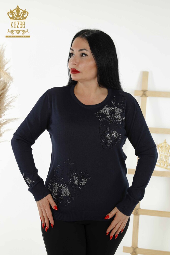 Wholesale Women's Sweater - Floral Pattern - Navy Blue - 30152 | KAZEE - 1