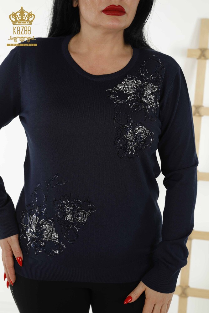 Wholesale Women's Sweater - Floral Pattern - Navy Blue - 30152 | KAZEE - 2