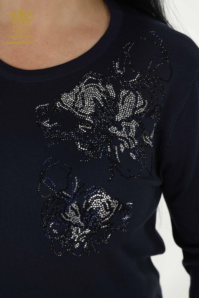 Wholesale Women's Sweater - Floral Pattern - Navy Blue - 30152 | KAZEE - 3