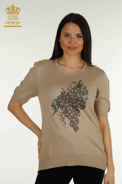 Wholesale Women's Knitwear Sweater Grape Patterned Beige - 30488 | KAZEE - 1