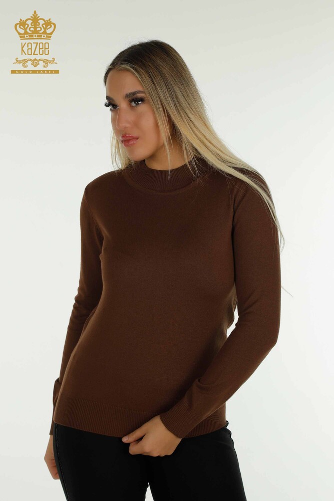 Wholesale Women's Knitwear Sweater High Collar Basic Brown - 30613 | KAZEE - 1