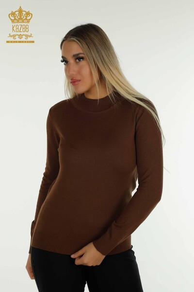 Wholesale Women's Knitwear Sweater High Collar Basic Brown - 30613 | KAZEE 