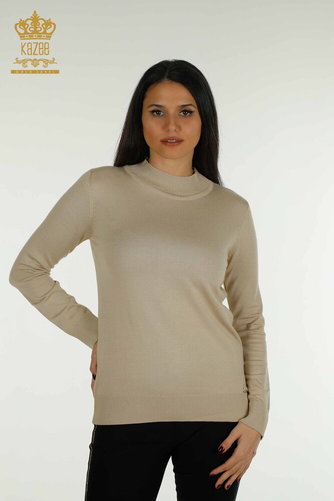 Wholesale Women's Knitwear Sweater High Collar Basic Light Beige - 30613 | KAZEE - 1