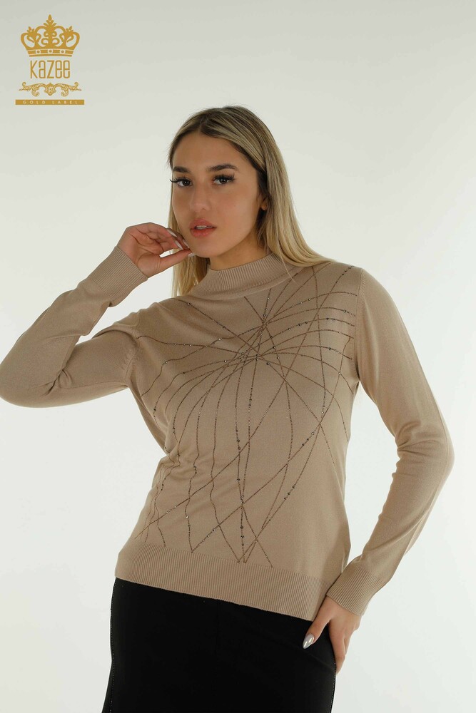 Wholesale Women's Knitwear Sweater High Collar Beige - 30454 | KAZEE - 1