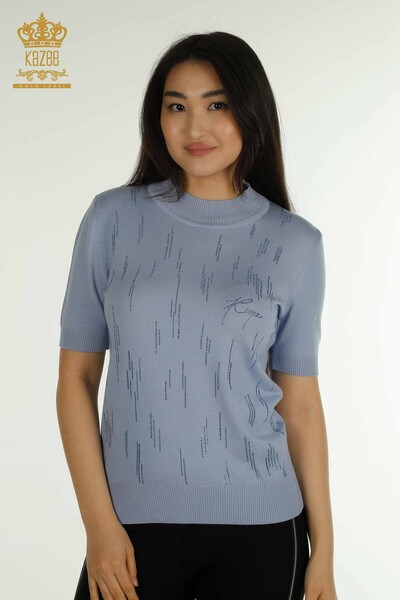 Wholesale Women's Knitwear Sweater High Collar Blue - 30599 | KAZEE 