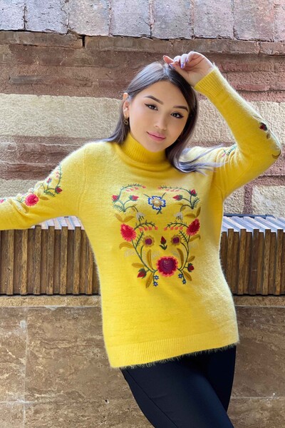 Wholesale Women's Knitwear Sweater Standing Collar Floral Angora - 18868 | KAZEE - Kazee