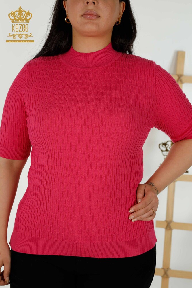 Wholesale Women's Knitwear Sweater - Standing Collar - Fuchsia - 30338 | KAZEE - 2