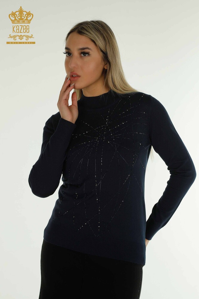 Wholesale Women's Knitwear Sweater High Collar Navy Blue - 30454 | KAZEE - 1