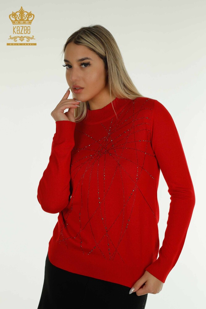 Wholesale Women's Knitwear Sweater High Collar Red - 30454 | KAZEE - 1