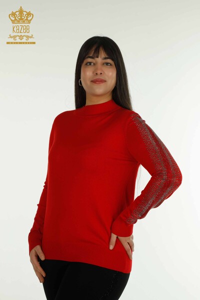 Wholesale Women's Knitwear Sweater High Collar Red - 30564 | KAZEE - Thumbnail