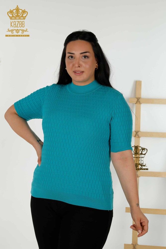 Wholesale Women's Knitwear Sweater - Standing Collar - Turquoise - 30338 | KAZEE - 1