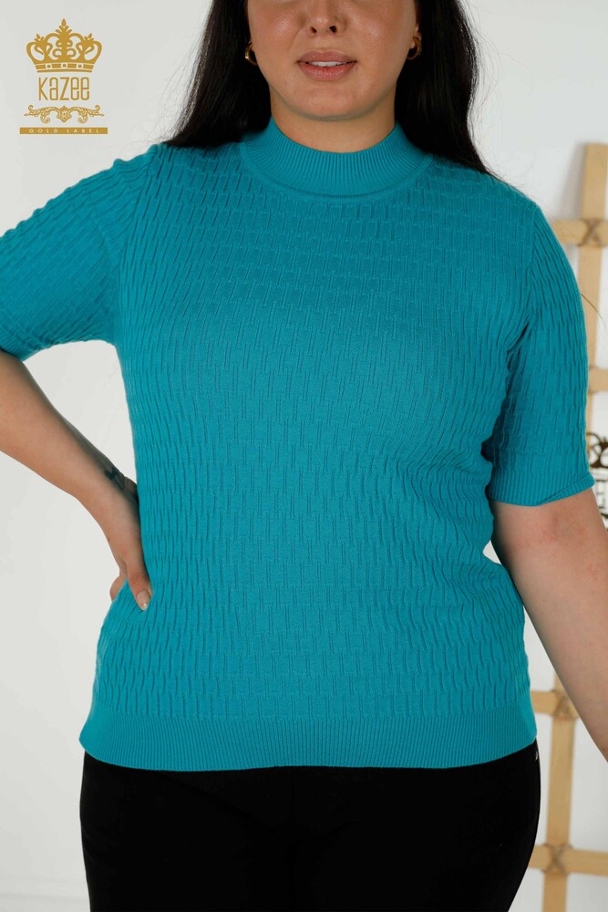 Wholesale Women's Knitwear Sweater - Standing Collar - Turquoise - 30338 | KAZEE - 2