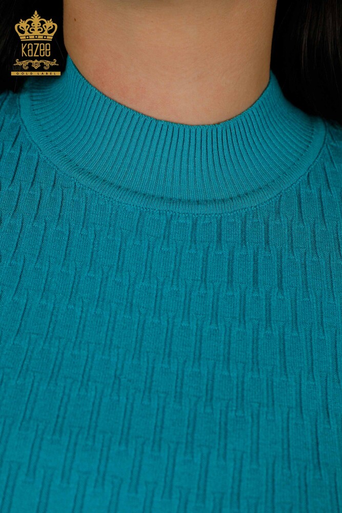 Wholesale Women's Knitwear Sweater - Standing Collar - Turquoise - 30338 | KAZEE - 3