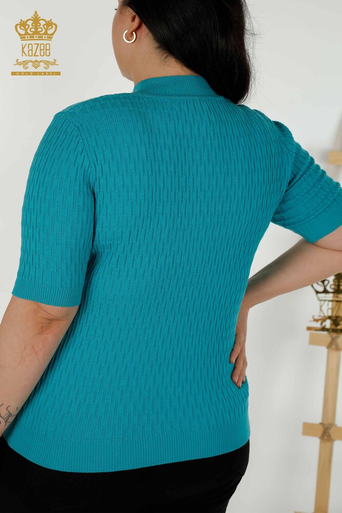 Wholesale Women's Knitwear Sweater - Standing Collar - Turquoise - 30338 | KAZEE - 7