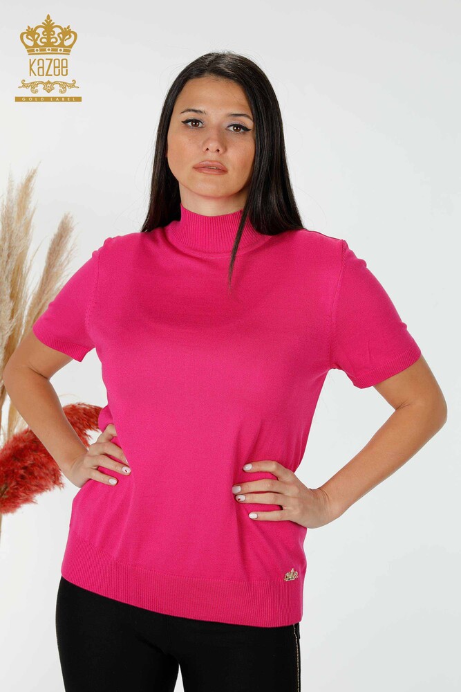 Wholesale Women's Knitwear Sweater High Collar Viscose Fuchsia - 16168 | KAZEE - 1