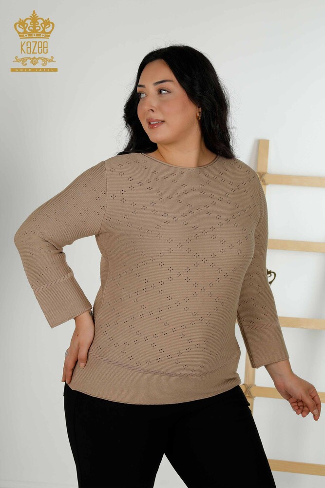 Wholesale Women's Knitwear Sweater Hole Detailed Dark Beige - 30083 | KAZEE - 1